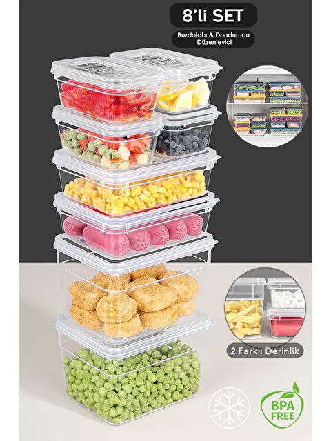 Meleni Home 8 Parça Derin ve Sığ Erzak Saklama Kabı Seti Şeffaf Kapak Mikrodalga Uyu mlu Organizer Düzenleyici - S000379111-26865