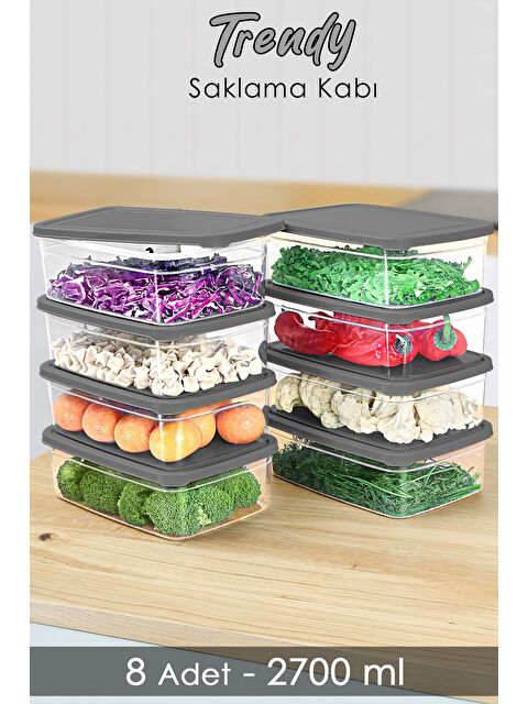 Meleni Home 8 Adet Dikdörtgen Erzak Saklama Kabı 2700 ml Gri - S000379119-20600