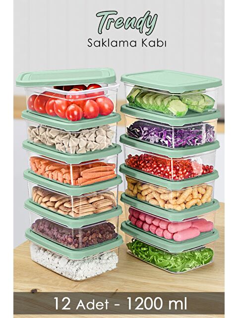 Meleni Home 12 Adet Dikdörtgen Erzak Saklama Kabı 1200 ml Yeşil - S000379130-18194