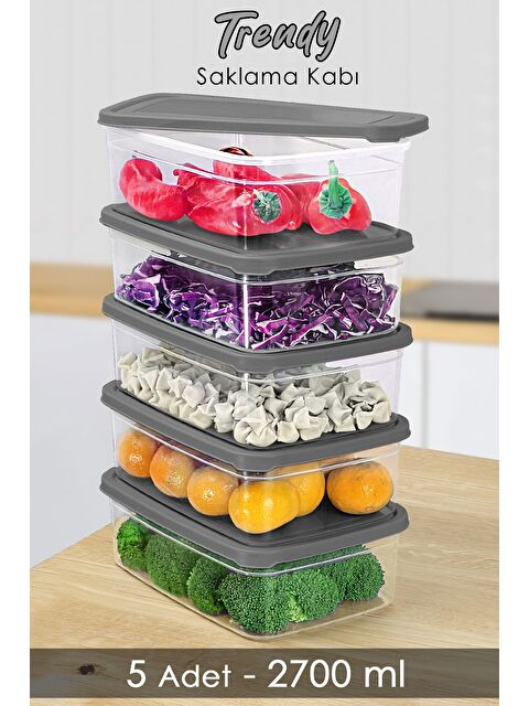 Meleni Home 5 Adet Dikdörtgen Erzak Saklama Kabı 2700 ml Gri - S000379149-20600