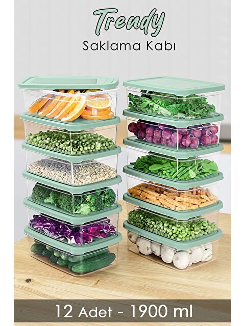Meleni Home 12 Adet Dikdörtgen Erzak Saklama Kabı 1900 ml Yeşil - S000379151-18194