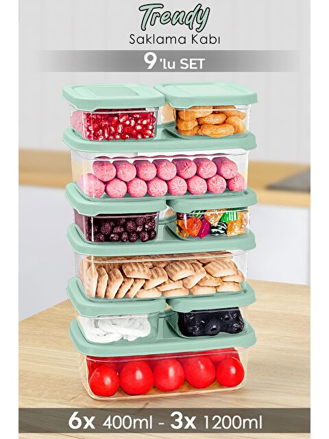 Meleni Home 9'lu Dikdörtgen Erzak Saklama Kabı Seti Erzak Kabı Yeşil - S000379155-18194