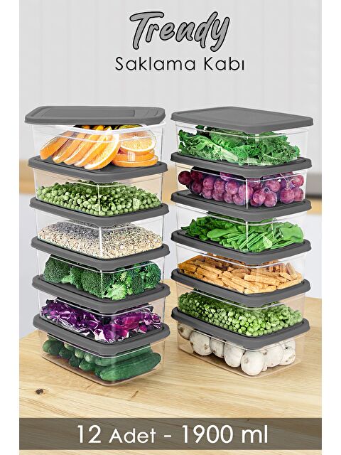 Meleni Home 12 Adet Dikdörtgen Erzak Saklama Kabı 1900 ml Gri - S000379157-20600