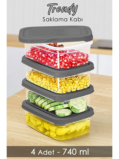 Meleni Home 4 Adet Dikdörtgen Erzak Saklama Kabı   Mikrodalgaya Uygun Düzenleyici Organizer 740ml Gri - S000379158-20600
