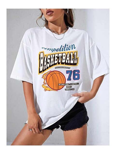 Trendseninle Kadın Beyaz Basketball Tournament Baskılı Oversize Tişört - S000116348-20063