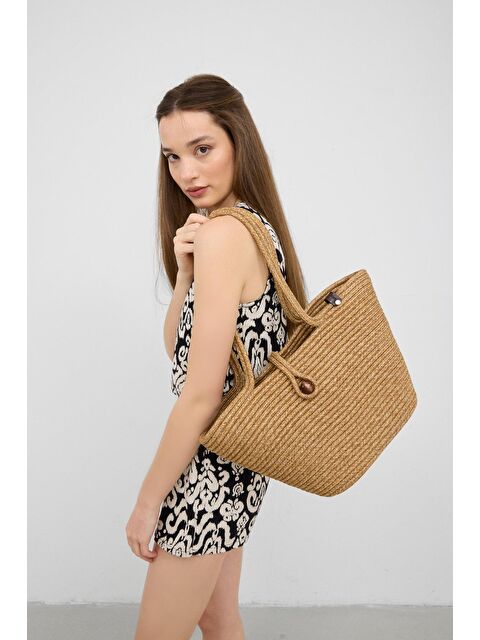 Shulebags Vossa Handmade Düğmeli Hasır Omuz Çantası Vizon - S000440146-26429