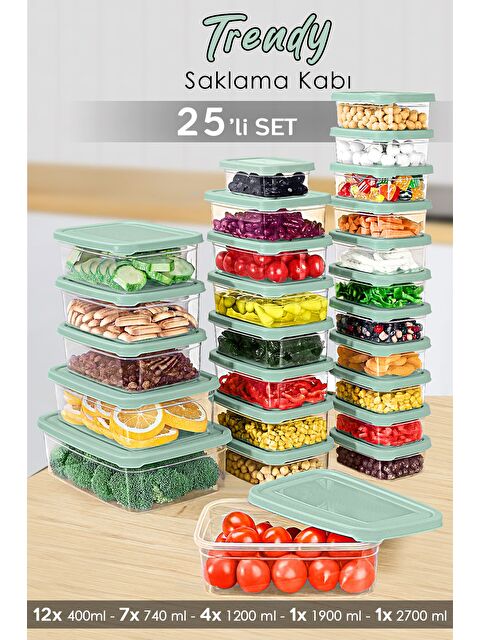 Meleni Home 25'li Dikdörtgen Erzak Saklama Kabı Seti Erzak Kabı Yeşil - S000379166-18194