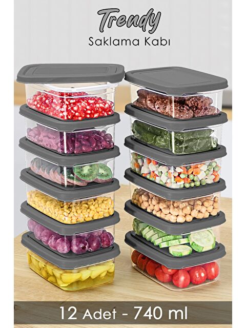 Meleni Home 12 Adet Dikdörtgen Erzak Saklama Kabı 740 ml Gri - S000379167-20600