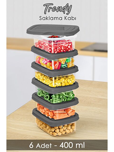 Meleni Home 6 Adet Dikdörtgen Erzak Saklama Kabı 400 ml Gri - S000379175-20600