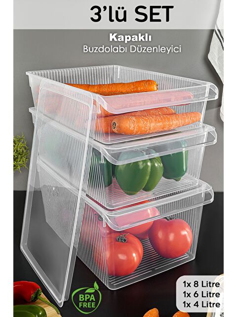 Meleni Home 3'lü Kapaklı Buzdolabı Düzenleyici Set Meyve Sebze Saklama Kabı Dolap İçi Organizer 1x 4 6 8 lt - S000379207-26865