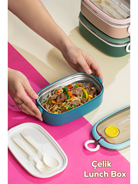 Porsima Posima 3114-1 Vakumlu Lunch Box Çelik Kolay Kilitlenir Kendinden Kaşıklı Sefer Tası – 750ml Mavi - S000403933-17437