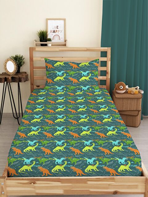 Evmila Dinozor Desenli Baskılı Tek Kişilik Lastikli Çarşaf Seti - S000123675-23173