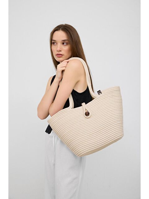 Shulebags Vossa Handmade Düğmeli Hasır Omuz Çantası Krem - S000440146-19966