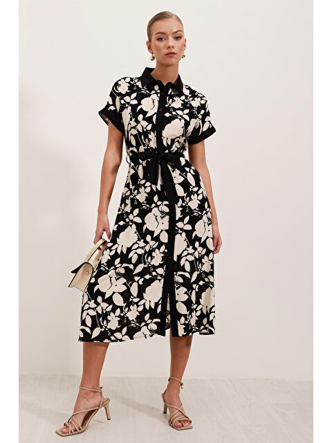 Bigdart 2455 Desenli Gömlek Elbise - Siyah - S000139330-19351