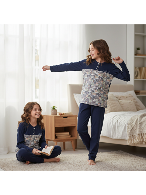 Bonbon Genç Kız Pamuklu Lacivert - Desenli Renk Pijama Takımı Al501 V2 Bb2443