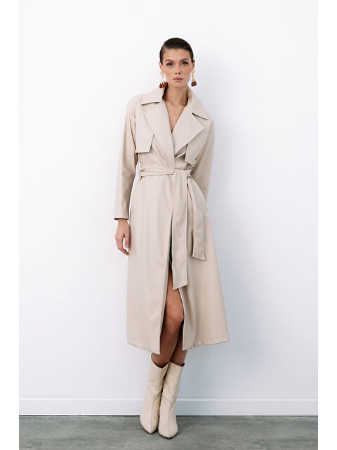 SATEEN Kuşaklı Uzun Deri Trenç - Taş - S000324390-25636