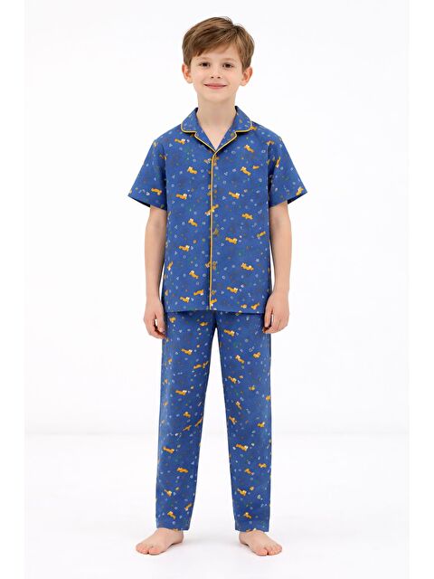 Cansın Mini Lacivert Desenli Düğmeli Erkek Çocuk Kısa Kol Pijama Takımı 23825