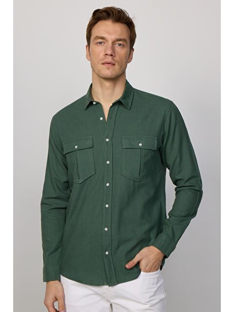 TUDORS Erkek Regular Fit Klasik Kesim %100 Pamuk Keten Doku Çift Cep Haki Gömlek - S000137186-18547
