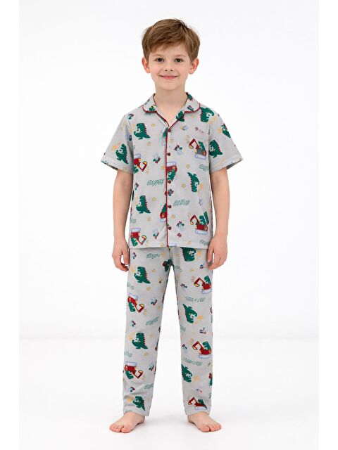 Cansın Mini Gri Trex Desenli Düğmeli Erkek Çocuk Kısa Kol Pijama Takımı 23824