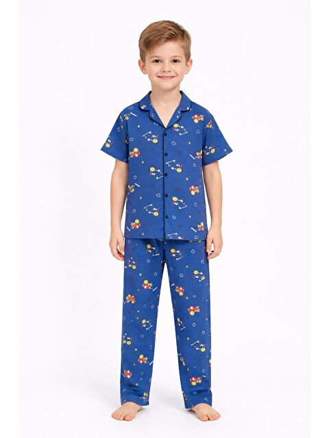 Cansın Mini Lacivert Araba Desenli Düğmeli Erkek Çocuk Kısa Kol Pijama Takımı 23823