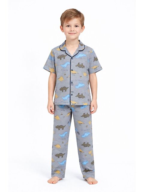 Cansın Mini Gri Dinozor Desenli Düğmeli Erkek Çocuk Kısa Kol Pijama Takımı 23822