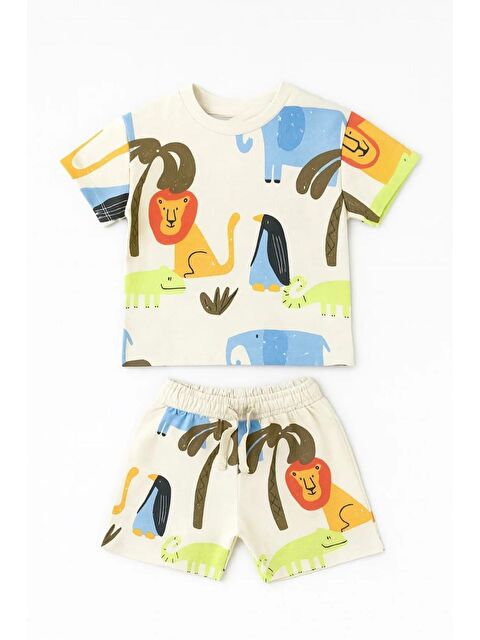 Magu Erkek Çocuk Pamuklu Krem Safari Desenli Tişört Şort Takım