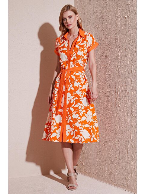 Lela Kemerli Regular Fit Midi Gömlek Kadın Elbise - S000216411-5408