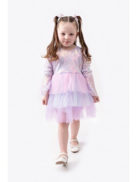 Magu Lila Simli Pul Payetli Ve Kat Kat Tüllü Kız Çocuk Prenses Elbise - S000379263-23173