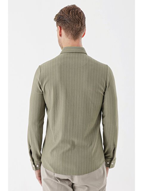 İMZA Koyu Haki Uzun Kollu Çizgili Örme Cepsiz Casual Slim Fit Dar Kesim Gömlek 1004235114 - S000349391-19294