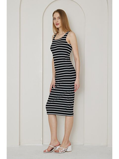Chandraswear Kadın Siyah Askılı Uzun Çizgili Elbise - Luiscız - S000192854-19351