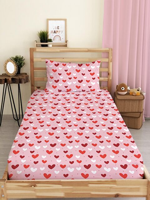 Evmila Kalp Desenli Baskılı Tek Kişilik Lastikli Çarşaf Seti - S000123686-23173