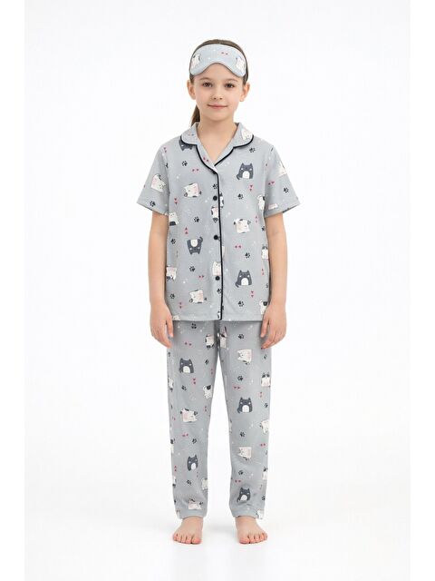 Cansın Mini Gri Kedi Desenli Düğmeli Kısa Kol Kız Çocuk Göz Bantlı Pijama Takımı 23818