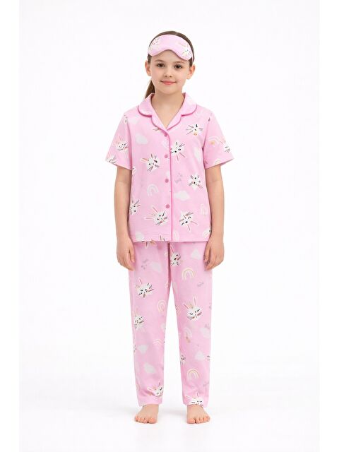 Cansın Mini Pembe Tavşan Baskılı Kısa Kol Kız Çocuk Göz Bantlı Pijama Takımı 23820