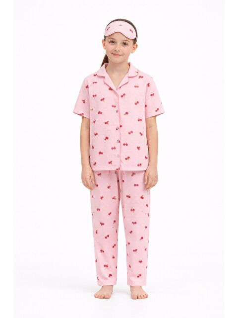 Cansın Mini Pembe Kiraz Desenli Kısa Kol Kız Çocuk Göz Bantlı Pijama Takımı 23821