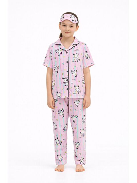 Cansın Mini Pembe Sevimli Karakter Baskılı Kısa Kol Kız Çocuk Göz Bantlı Pijama Takmı 23826