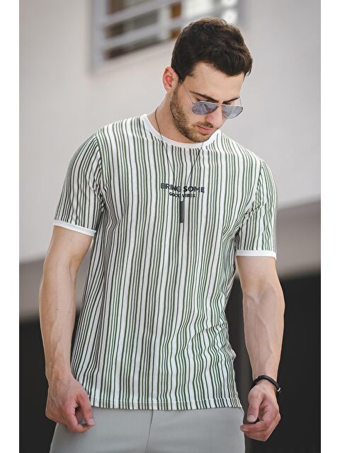 Oksit Bring Some Baskılı Çizgili Slim Fit Likralı Erkek Tişört - S000124950-18194
