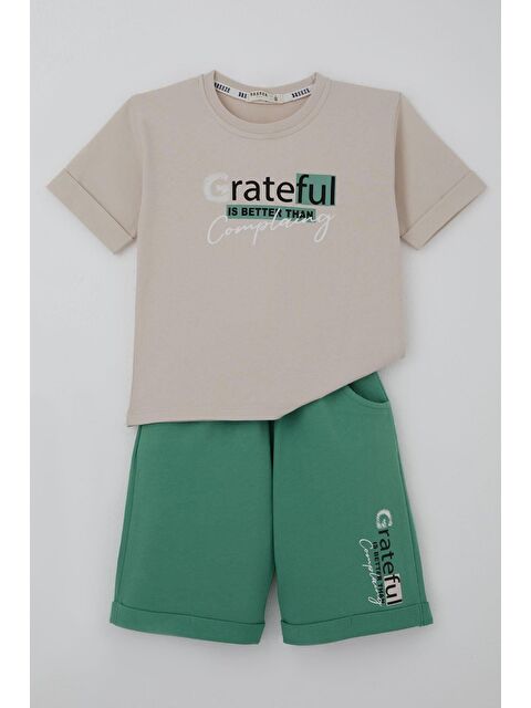 Breeze Erkek Çocuk Şortlu Takım Yazı Baskılı Bej (3-7 Yaş)
