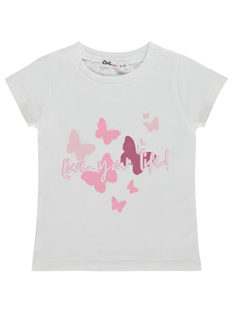 Civil Girls Kelebek Baskılı 2-5 Yaş Tişört Km - Kırık Beyaz