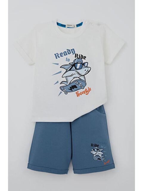 Breeze Erkek Çocuk Şortlu Takım Havalı Kaykaycı Köpek Balığı Baskılı Ekru (1-4 Yaş)