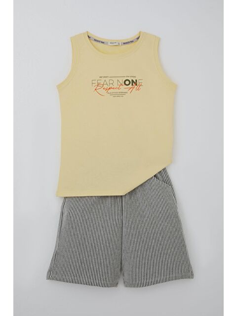 Breeze Erkek Çocuk Şortlu Takım Kolsuz Yazı Baskılı Şortu Çizgili Sarı (8-14 Yaş)