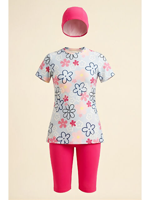 Modanino Kız Çocuk 3'lü Mayo Takımı (Kısa Kollu Üst+Diz Boy Alt ve Bone) 7-16 Yaş 12591B