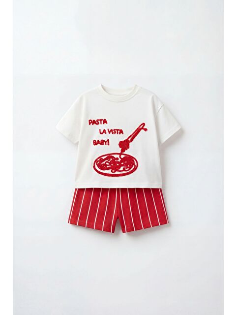 Magu Unisex Bebek Pamuklu Beyaz Pasta Temalı Tişört Şort Takım