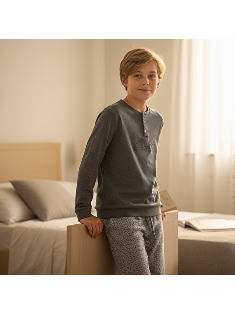 Bonbon Genç Erkek Pamuklu Gri Melanj Renk Pijama Takımı Al001 V2 Bb2432