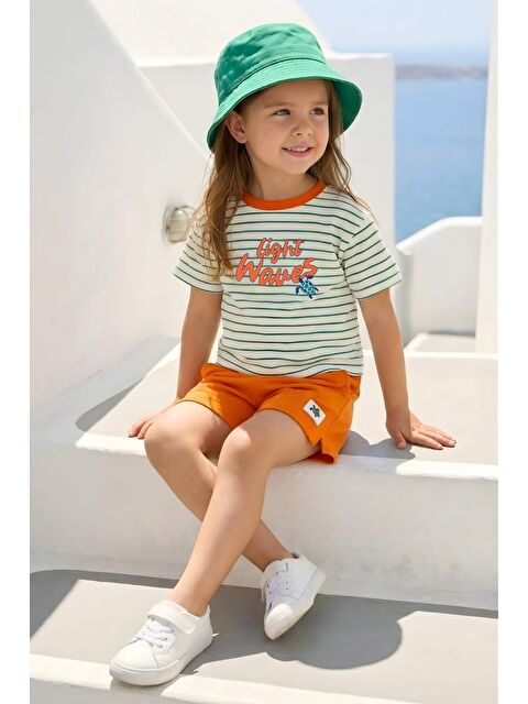 ZEYLAND Kız Çocuk Çizgili T-Shirt Ve Şort Takım  - Turuncu
