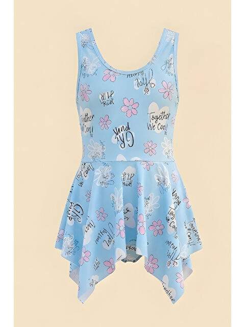 Modanino Kız Çocuk Elbise Mayo-İç Mayolu-Asimetrik Etek Uçlu- Baskılı 3-12 Yaş 12610