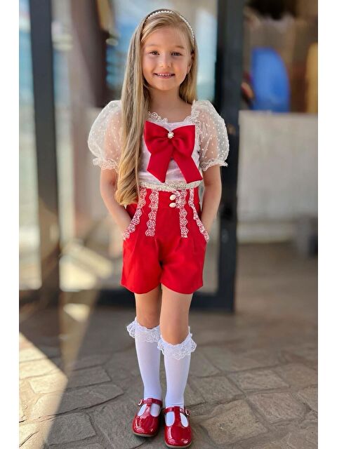 Riccotarz Kız Çocuk Kare Yaka Şeffaf Tül Detaylı Kırmızı Şortlu Takım