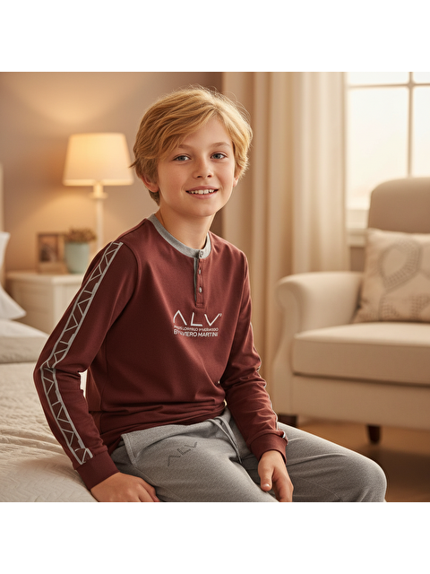 Bonbon Genç Erkek Pamuklu Kahve Desenli Renk Pijama Takımı Al003 V1 Bb2434