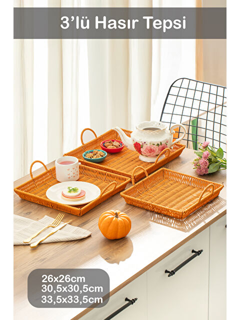 Porsima 709-D Kare 3'lü Dekoratif Ev Banyo Mutfak Düzenleyici Kulplu Hasır Sepet Seti Hasır Tepsi - S000349435-17365
