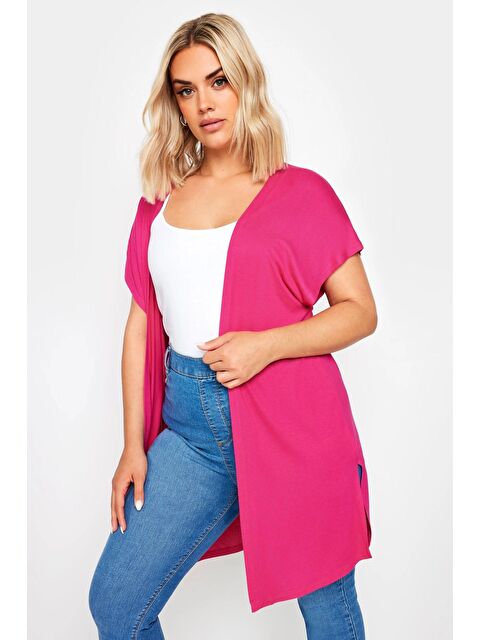 Stil Diva Büyük Beden Yırtmaç Detaylı Düğmesiz Esnek Kumaş Kısa Kollu Hırka 321910 - S000241964-20024