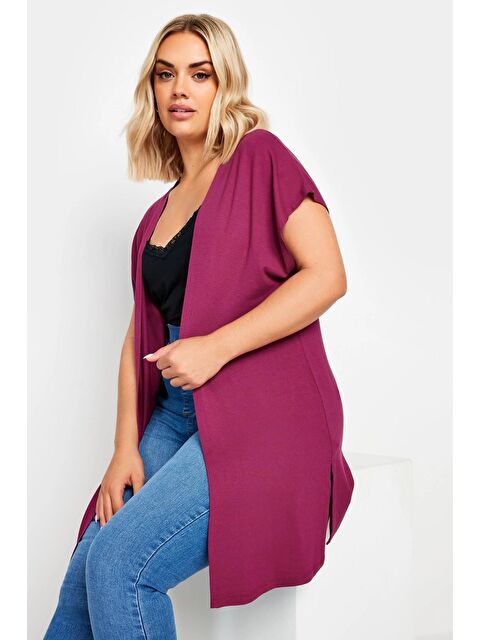 Stil Diva Büyük Beden Yırtmaç Detaylı Düğmesiz Esnek Kumaş Kısa Kollu Hırka 321907 - S000241950-20036